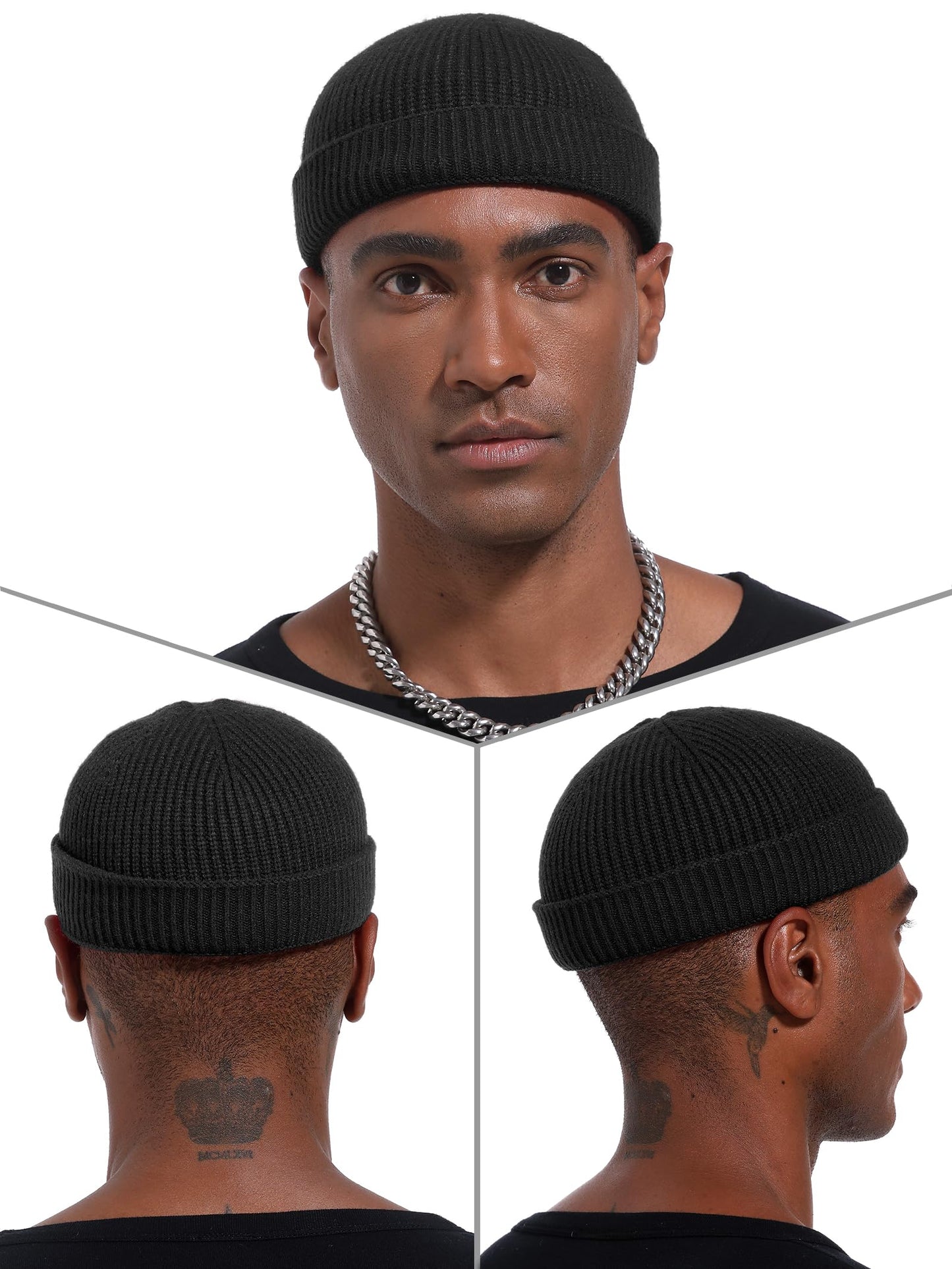 vidsel Thin Wool Fisherman Beanie Hat for Men Women Fall Winter,Short Knit Cuffed Fashion Trawler Skull Cap,Watch Cap,Black