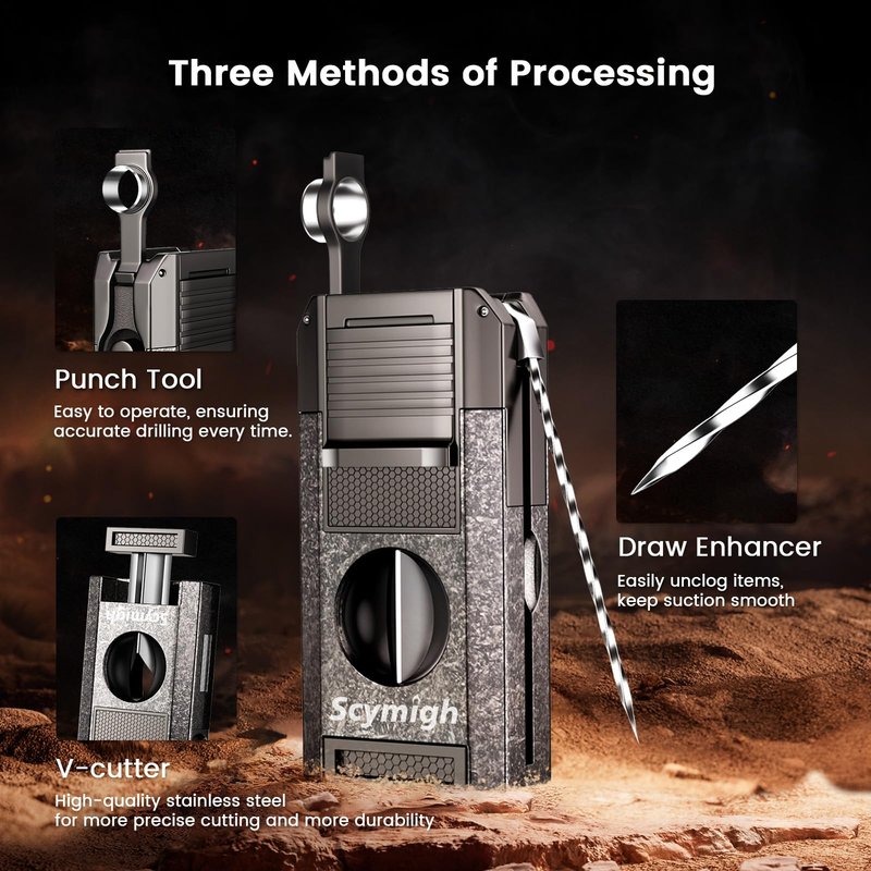 5-in-1 Torch Lighter with Cutter, Punch and Draw Enhancer Tool, Dual Jet Windproof Flame Butane Lighter, Refillable Gift Set for Men, Candle, Outdoor and Travel