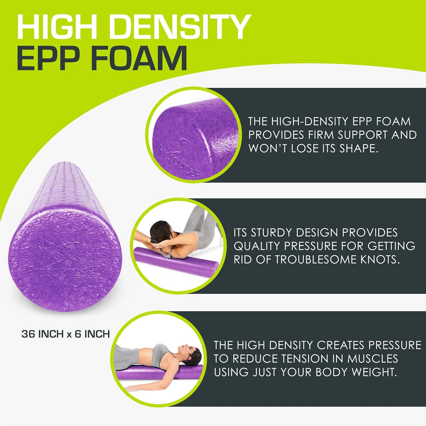 ProsourceFit High Density Foam Roller - 36-Inch Firm Massage Tool for Back Stretching & Yoga | Purple