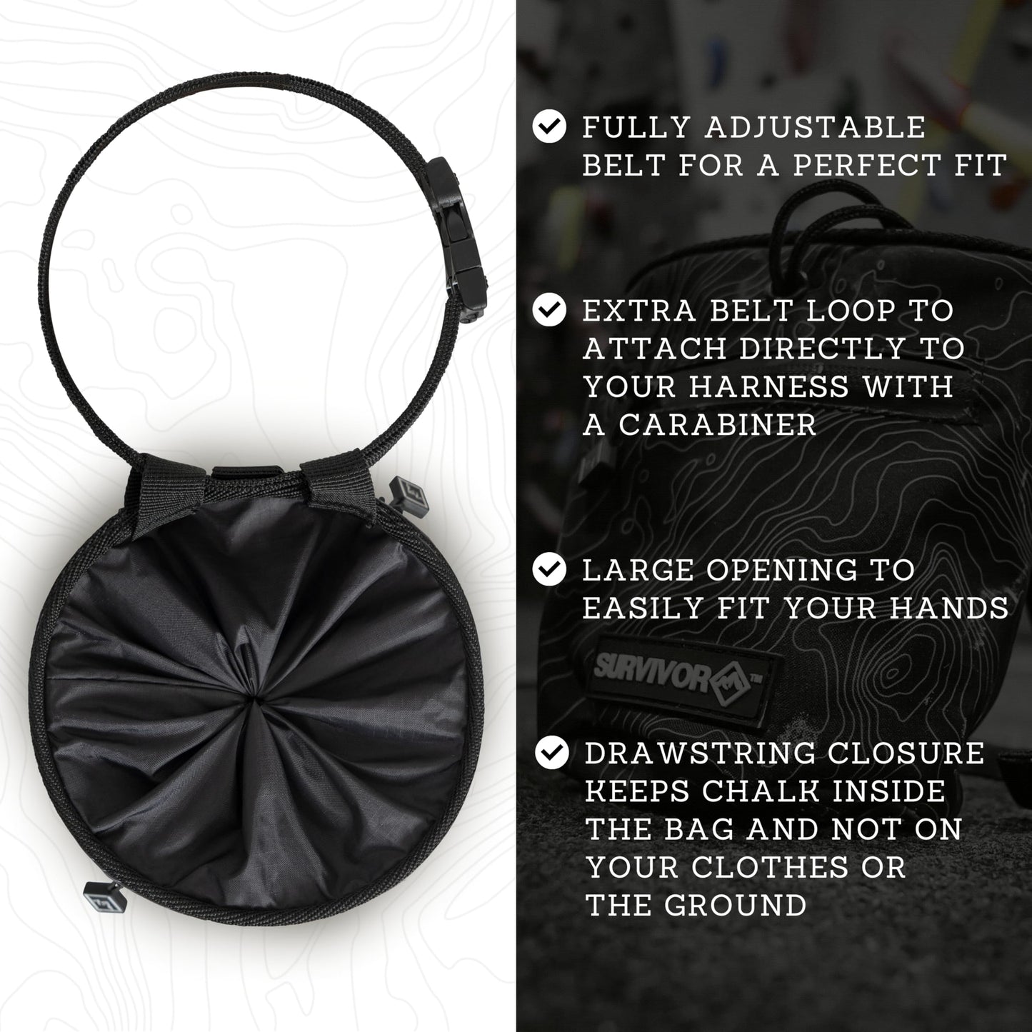 SURVIVOR Chalk Bag - Rock Climbing Chalk Bag for Rock Climbing, Bouldering, Weight Lifting, & More - Draw String Closure, 2 Zippered Pockets & Brush Holder - Gym Chalk Holder & Rock Climbing Bag