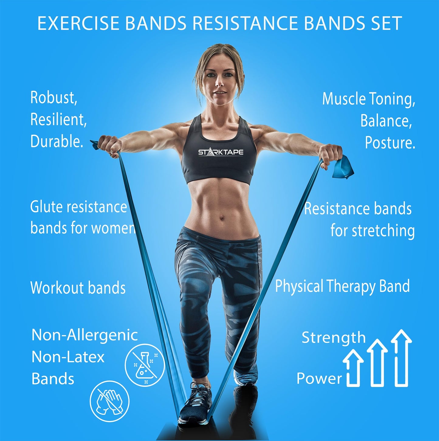 Starktape Resistance Bands Set 3 Pack Non-Latex Physical Therapy Professional Elastic Bands for Home Exercise, Workout, Strength Training, Yoga, Pilates, Rehab, Gym, Leg, Upper and Lower Body