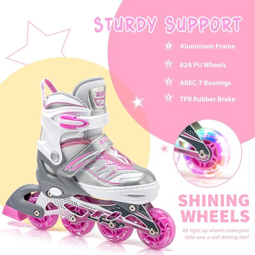 2PM SPORTS Cytia Pink Inline Skates - Adjustable Roller Skates with Light-Up Wheels for Kids