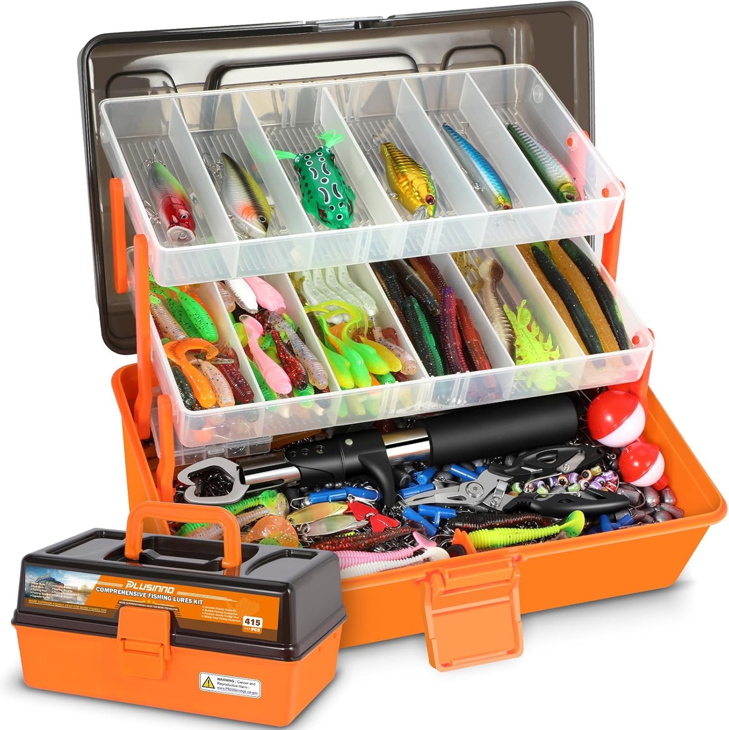 PLUSINNO Large Fishing Tackle Box - 3 Layers with 415Pcs Lures, Pliers, Hooks & Accessories | Perfect Gift for Men