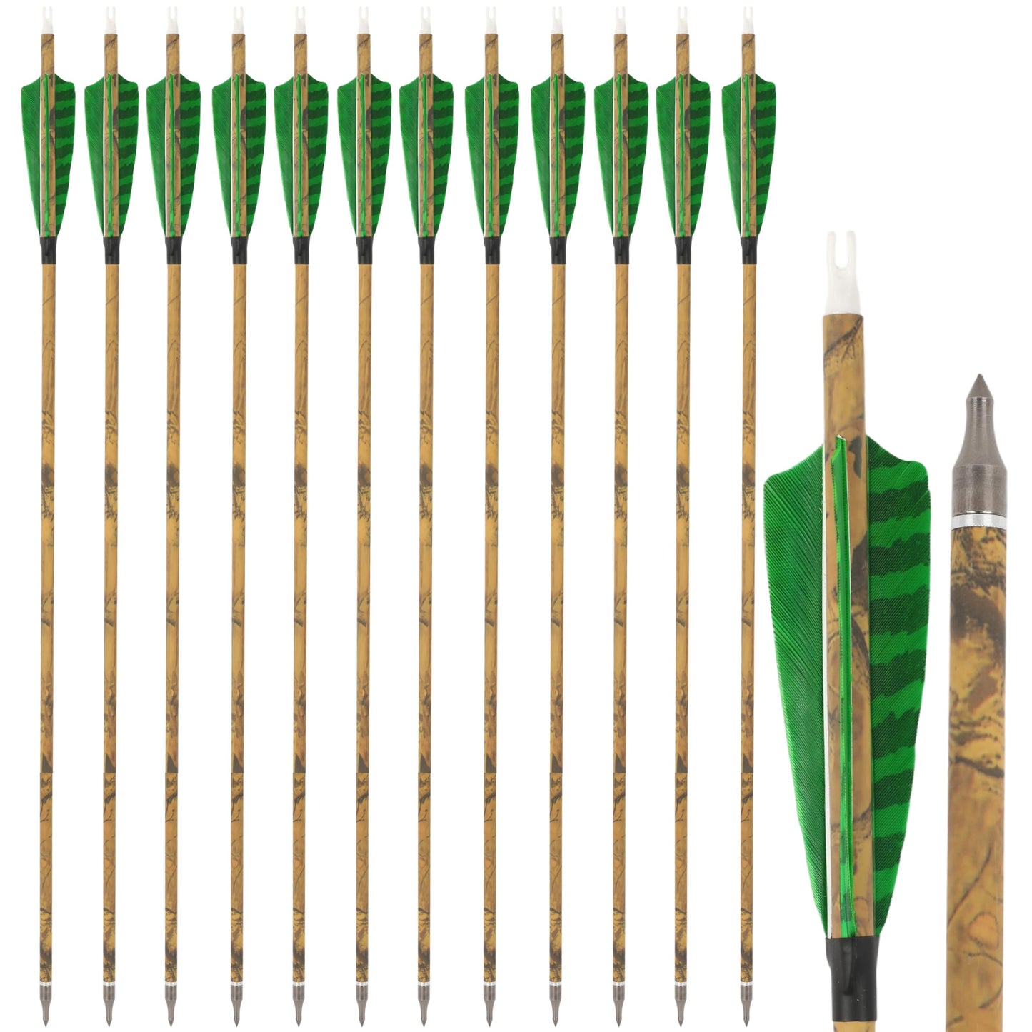 ZSHJGJR 30” Carbon Arrows Hunting Arrows with 4” Turkey Feather Removable Tips Archery Targeting Practice Arrows 500 Spine for Compound & Recurve & Traditional Bow 6/12pcs (12, Green)