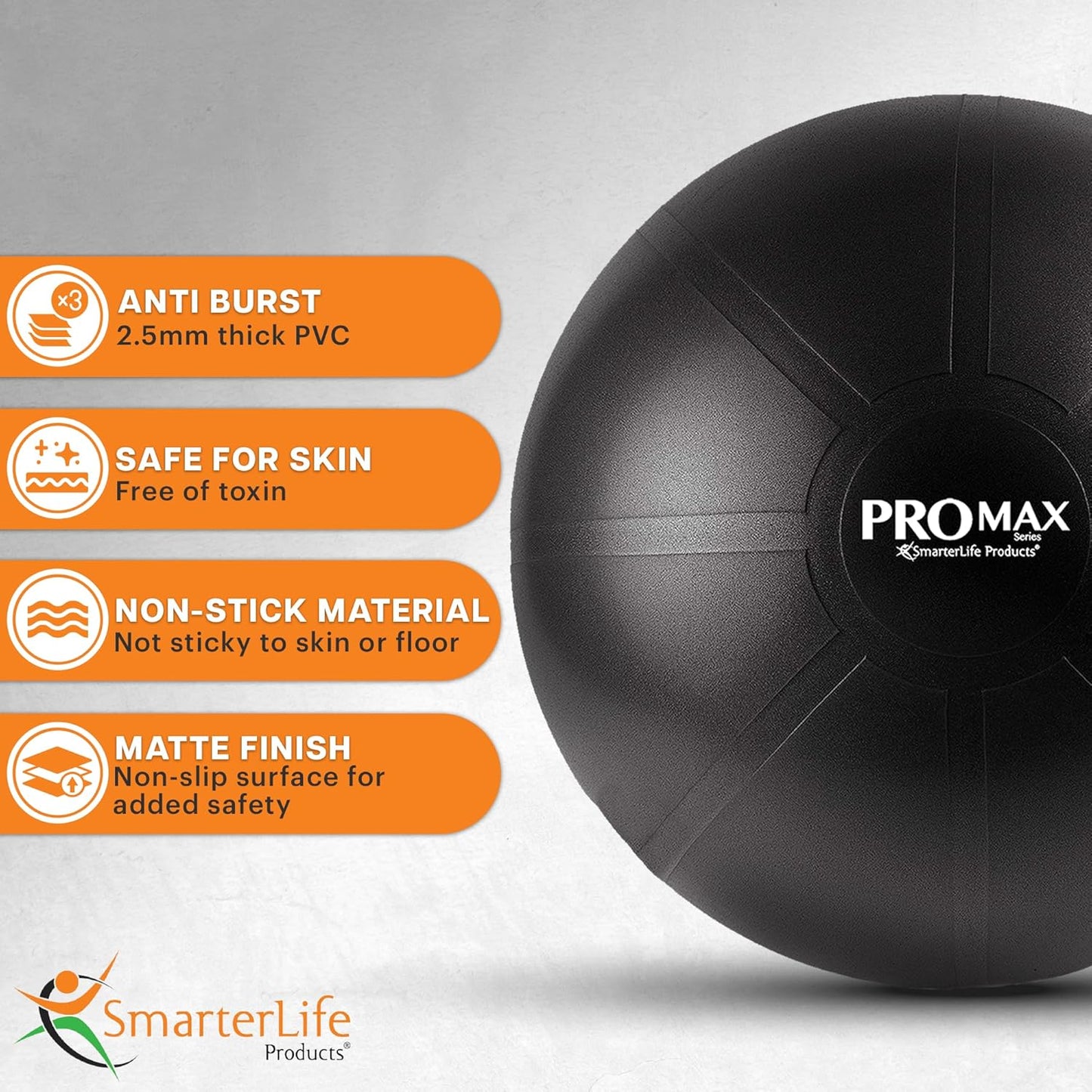 SmarterLife PRO MAX Exercise Ball - Anti-Slip Yoga & Stability Trainer for Core Workouts, Therapy & Office Use