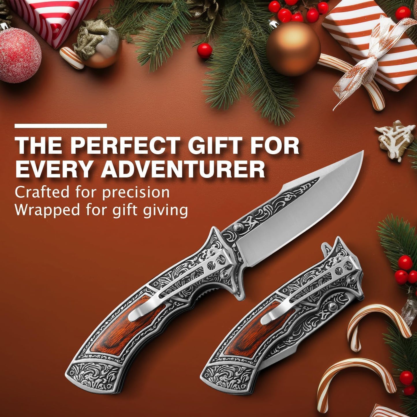 DRACHENADER Pocket Knife with Sheath and Clip, 440C Stainless Steel Folding Knife 3D Retro Embossed Pattern, Gifts Christmas, Birthday, Father's Day (D-J37)
