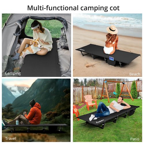 Anbte Ultralight Folding Camping Cot, Comfortable Portable Camping Cot Supports 275 lbs with Storage Bag & Side Pocket, Lightweight Folding Bed for Outdoor Travel Tent Indoor Emergency Bed, Black