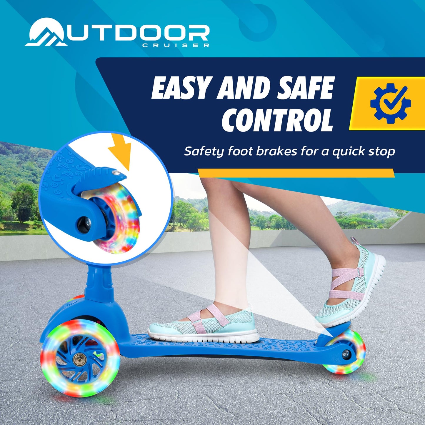 Outdoor Cruiser 3-Wheel Kids Scooter – with Lean-to-Steer Technology, Wide Deck, Led Lighted Wheel, 4-Level Adjustable Height T-bar Handle, Support Kids Up to 150 Lbs, for Boys & Girls Ages 3-8, Blue