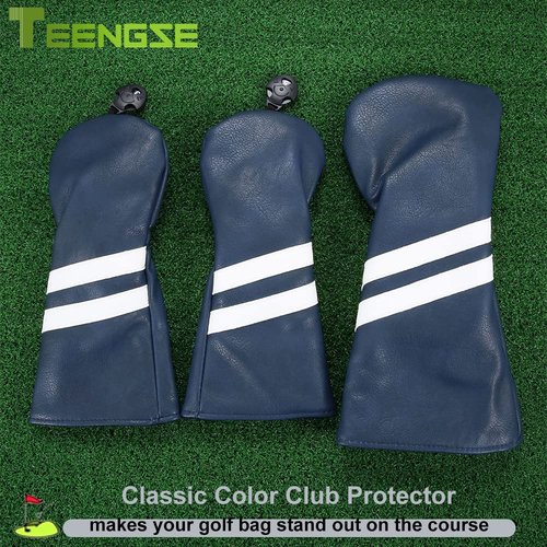 TEENGSE 3PCS Golf Club HeadCovers Set, PU Leather Golf Iron Cover for Fairway Driver Woods Hybrid Golf Accessory for Club Protection Classic Stripes Cover