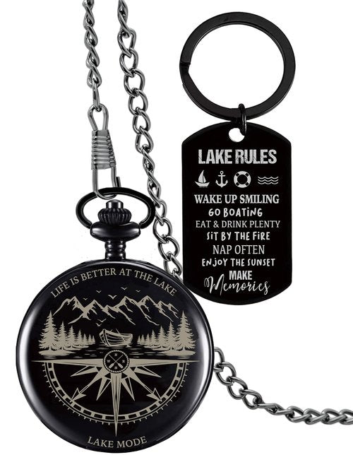 MALLAbyLAMMA Life is Better at the Lake Pocket Compass Black Engraved, Lake Rules Keychain, Fun Lake Themed Gift for Lake Lover Birthday Holiday Christmas