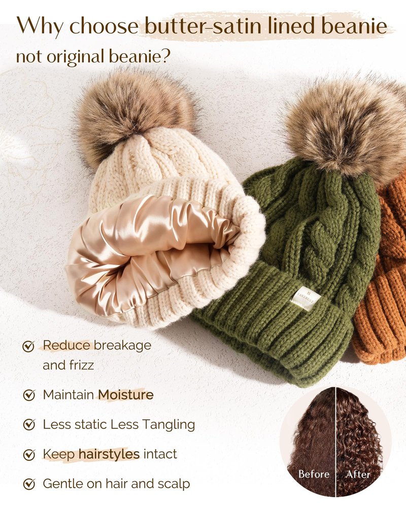 YANIBEST Winter Hats for Women Satin Lined Knitted Beanie Hat Warm Soft Ski Cuff Cap with Pom Pom Khaki