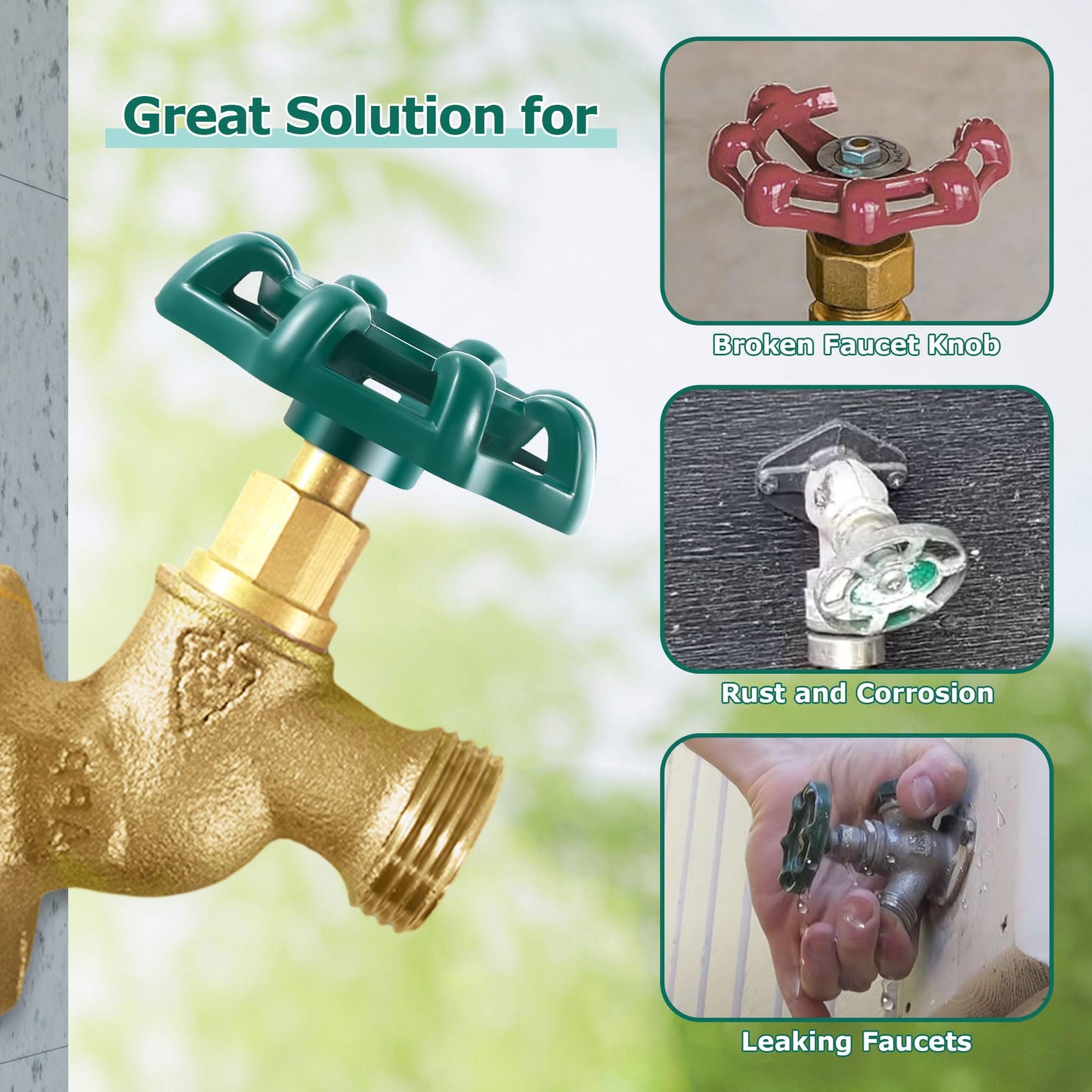 Dreyoo 2 Pack Outdoor Faucet Handles, 3/8 in Spigot Handles Compatible with Arrowhead PK1290, 12 Point Faucet Knob for Outside Hose Bibb, Garden Valves and Frost Proof Wall Hydrants(Green,Round)