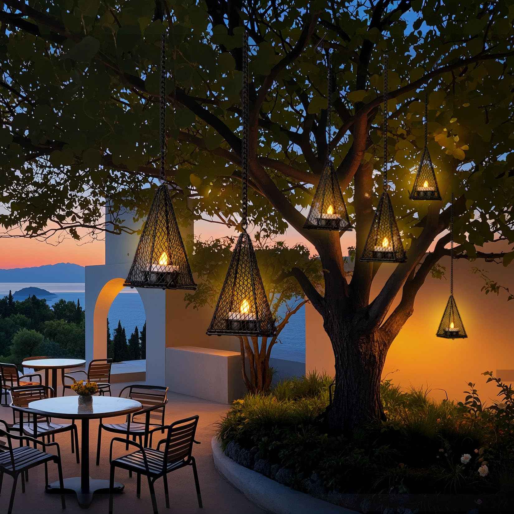 Solar Hanging Lights Outdoor, 4 Pack Hanging Lanterns Candle Holder with Solar Tea Lights Candles Outdoor Waterproof, Chandelier Ideas for Tree Gazebo Pergola Patio Decor