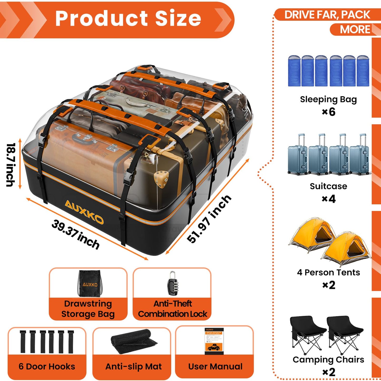 AUXKO 15 Cu.Ft Waterproof Rooftop Cargo Carrier for Cars/SUVs/Trucks, Foldable Soft Shell Roof Bag with Night-Reflective Strip, 6 Adjustable Bungee Straps & Door Hooks, Combination Lock, Anti-Slip Mat