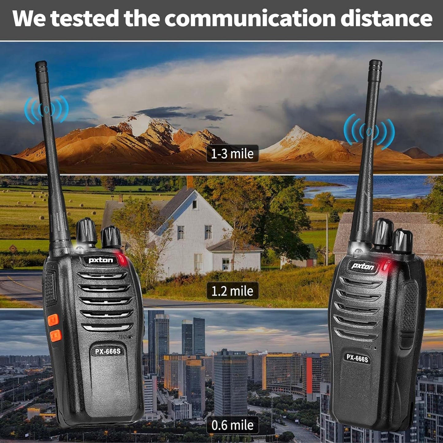 Pxton Walkie Talkies - 666S Long Range Rechargeable Two-Way Radios with Headphones | VOX, Noise Reduction & Flashlight (2 Pack)