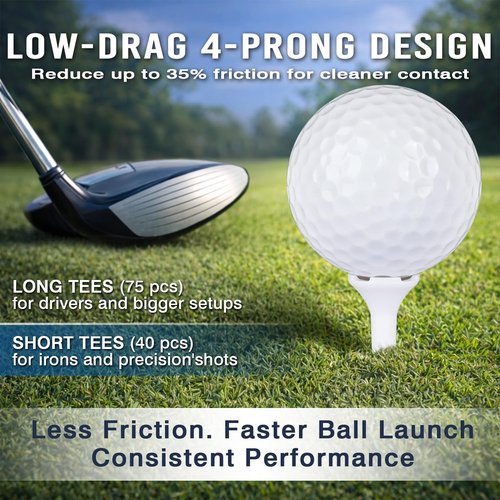 Golf Tees - 115 Pack of 3-1/4" & 1-1/2" Mixed Sizes | Durable 4-Prong Low Resistance Design