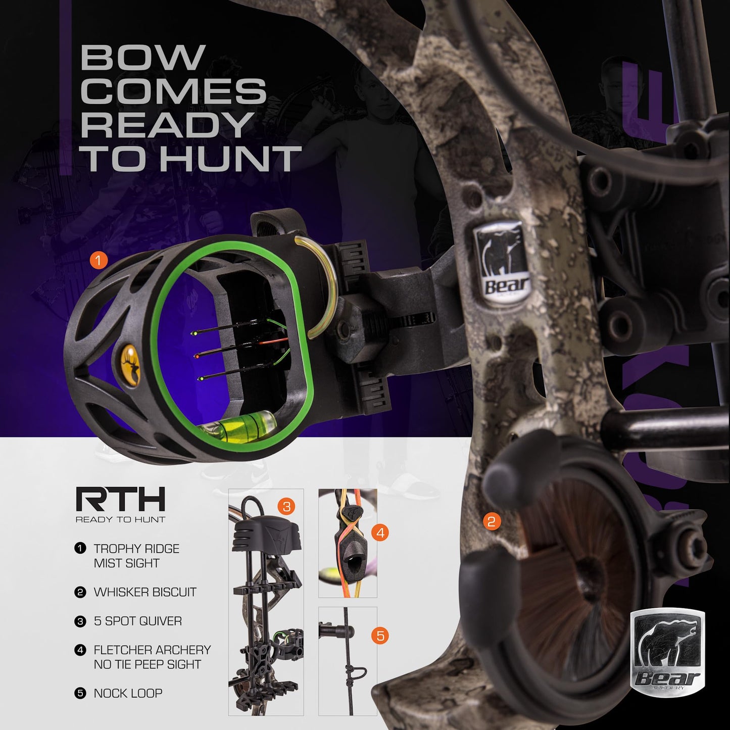 Bear Archery Royale RTH Compound Bow, Ready-to-Hunt Package, Right Handed Archers, 27" Bow, Adjustable Draw Weight 5-50lbs, Adjustable Draw Length 12"-27", True Timber Strata