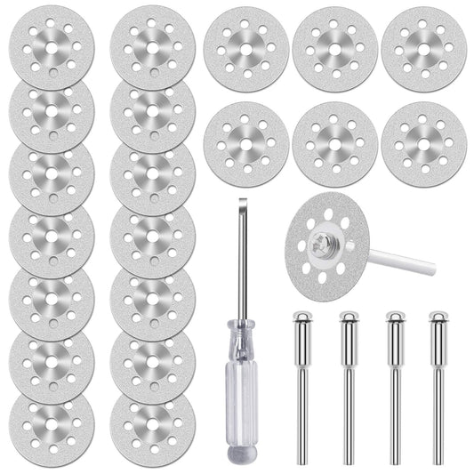 20pcs 545 Diamond Cutting Wheel Cut Off Discs Coated (22mm) for Dremel Rotary Tool with 402 Mandrel (3mm) 4pcs and Screwdriver for Cutting Glass, Stone, Ceramic, Marble, Tile, Plastic