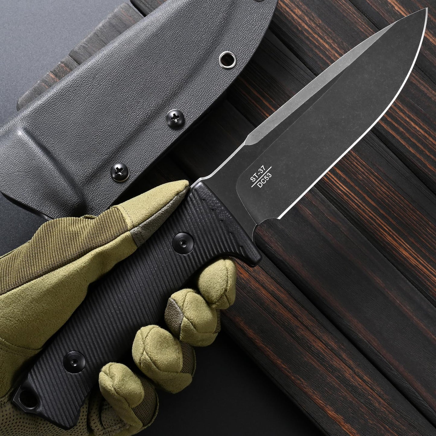 Sitivien ST37 Fixed Blade Knife Black Stonewashed DC53 Steel Blade Two Tone G10 Handle Full Tang Knife with Sheath for Outdoor Camping Hiking Working Survival (Black)