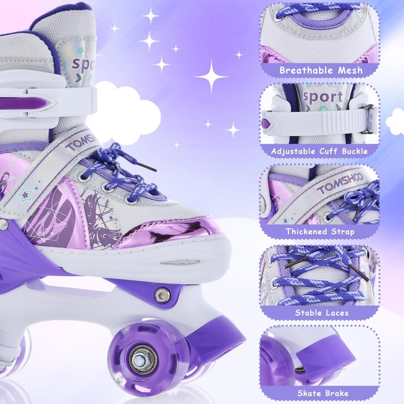 TOMSHOO Kids Roller Skates for Girls Boys 4 Sizes Adjustable Skates for Toddlers Beginner Teens with Light up Wheels Age 3-5 5-8 6-12 Children Gift for Indoor Outdoor (Purple, Medium)