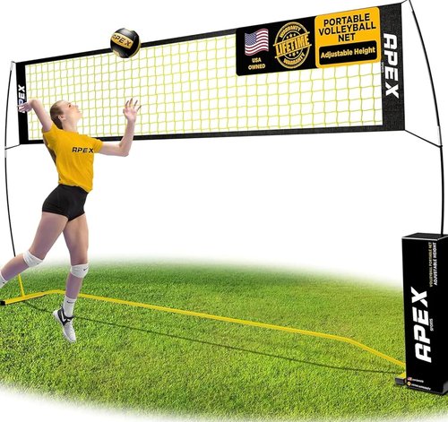Apex Sports Volleyball Net - Portable Adjustable Height 7.4' to 8' | 12' Wide with Ground Stakes & Carry Bag