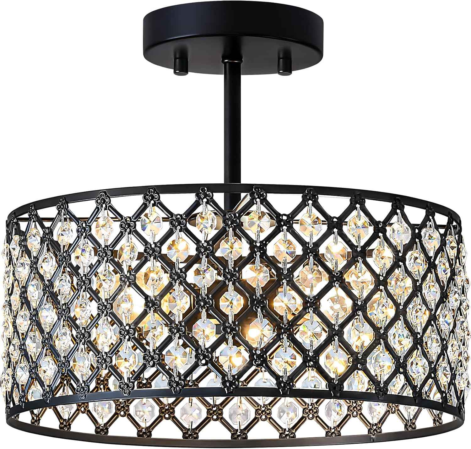 Modern Black Crystal Semi Flush Mount Ceiling Light Fixture - 11.2" Round Chandelier for Dining Room, Hallway, Kitchen & Bedroom