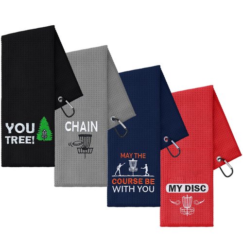VitalCozy 4 Pcs Disc Golf Microfiber Towels with Carabiner Clip Embroidered Disc Golf Bag Towels Accessories for Men Women Sports Gift