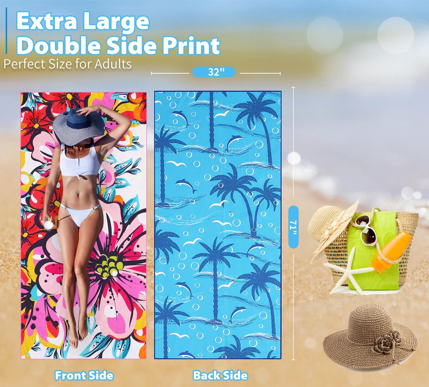 TwoYek Microfiber Thin Beach Towel Lightweight 71x32 inch Oversized Extra Large Sand Free Towels Fast Dry for Travel Pool Camping Sports Beach Accessories Vacation Essential Gift
