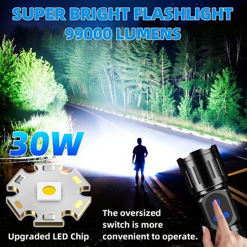 Dszuu Rechargeable LED Flashlight, Super Bright 99000 High Lumens Flash Light, 9 Modes Zoomable Flashlight with LCD Display, Waterproof Tactical Flashlights for Camping, Home Emergency