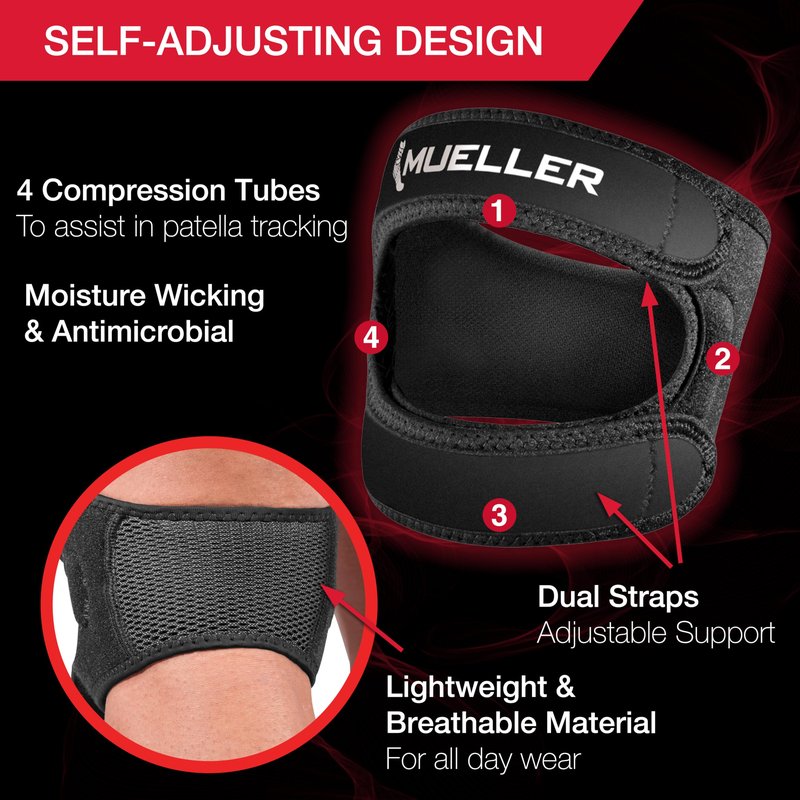 MUELLER Sports Medicine Adjustable Max Knee Single Strap, Knee Pain Relief Support for Men and Women, Ideal for Osgood-Schlatter's, Runner's Knee, Patellar Tendinitis, Black, Large/X-Large