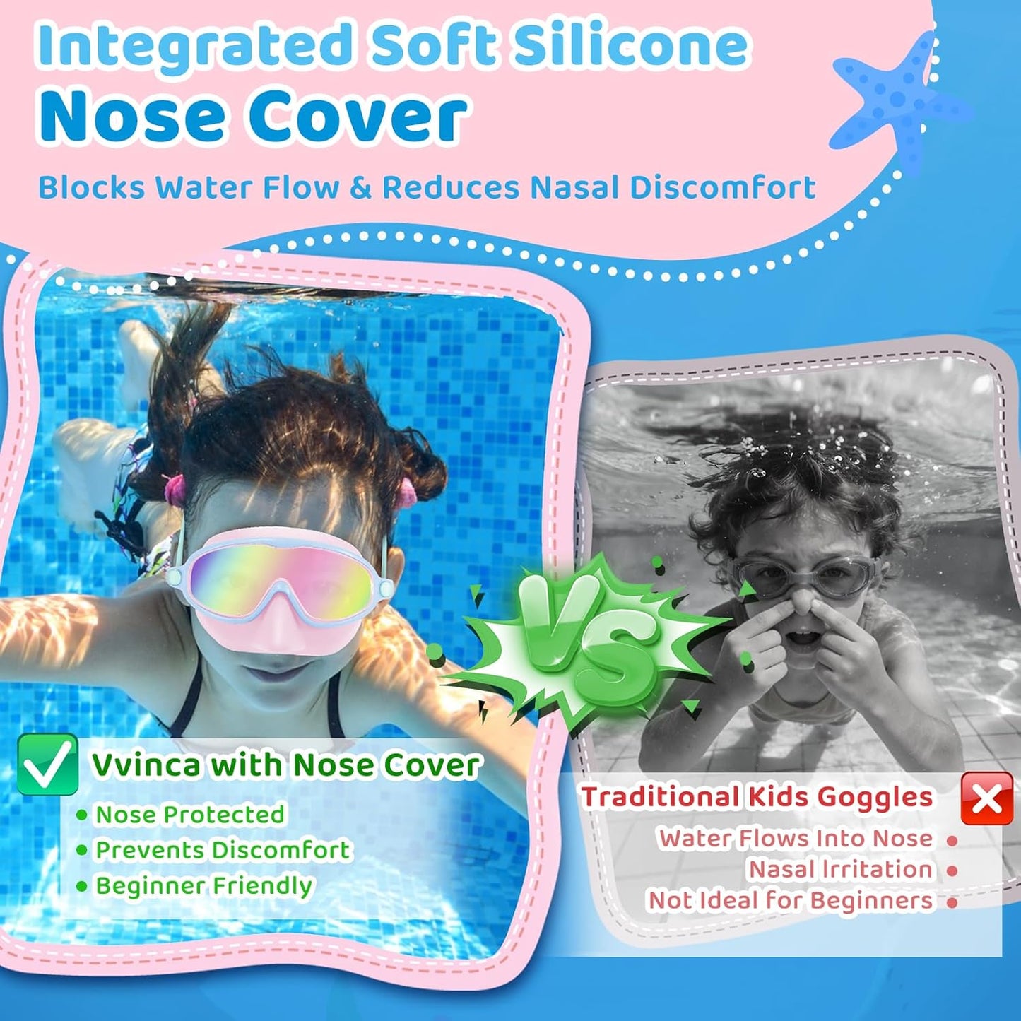 Vvinca Kids Swim Goggles - Anti-Fog UV Protection & Nose Cover | 2 Pack for Ages 3-14