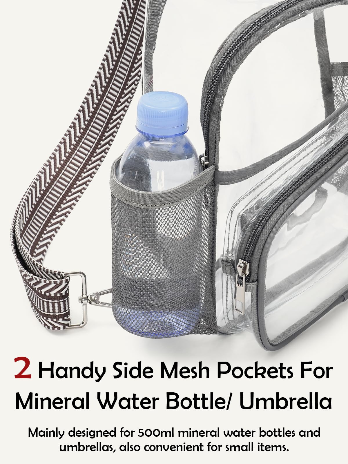 QOECI Clear Bag for Stadium Events, Clear Purses for Women Men, Large Stadium Bag with Water Bottle Holders, See Through Sling Backpack For Concert Sport Gym Travel, Light Grey