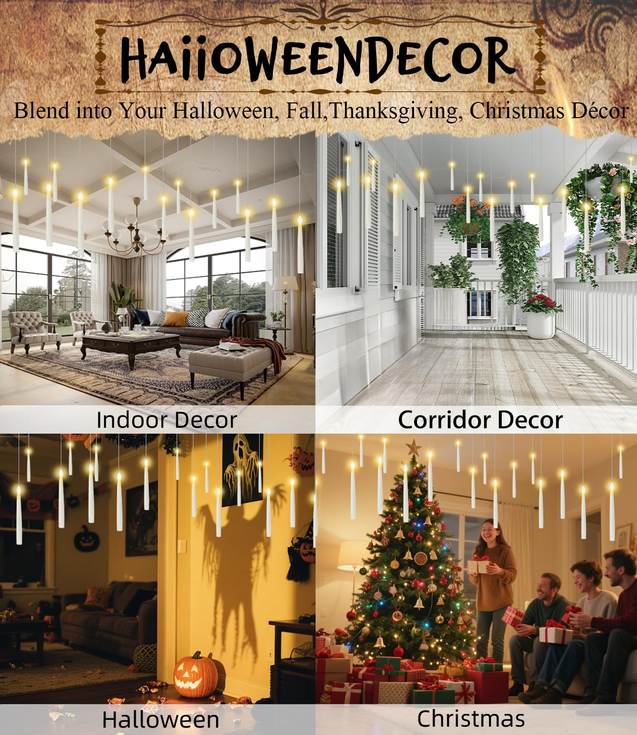 Halloween Decor 12 PCs Hanging Floating Candles with Magic Wand Remote (Include 13 Built-in Battery) Flickering Warm Light Led Candles for Indoor Window Classroom Bedroom Party Christmas Birthday Gift