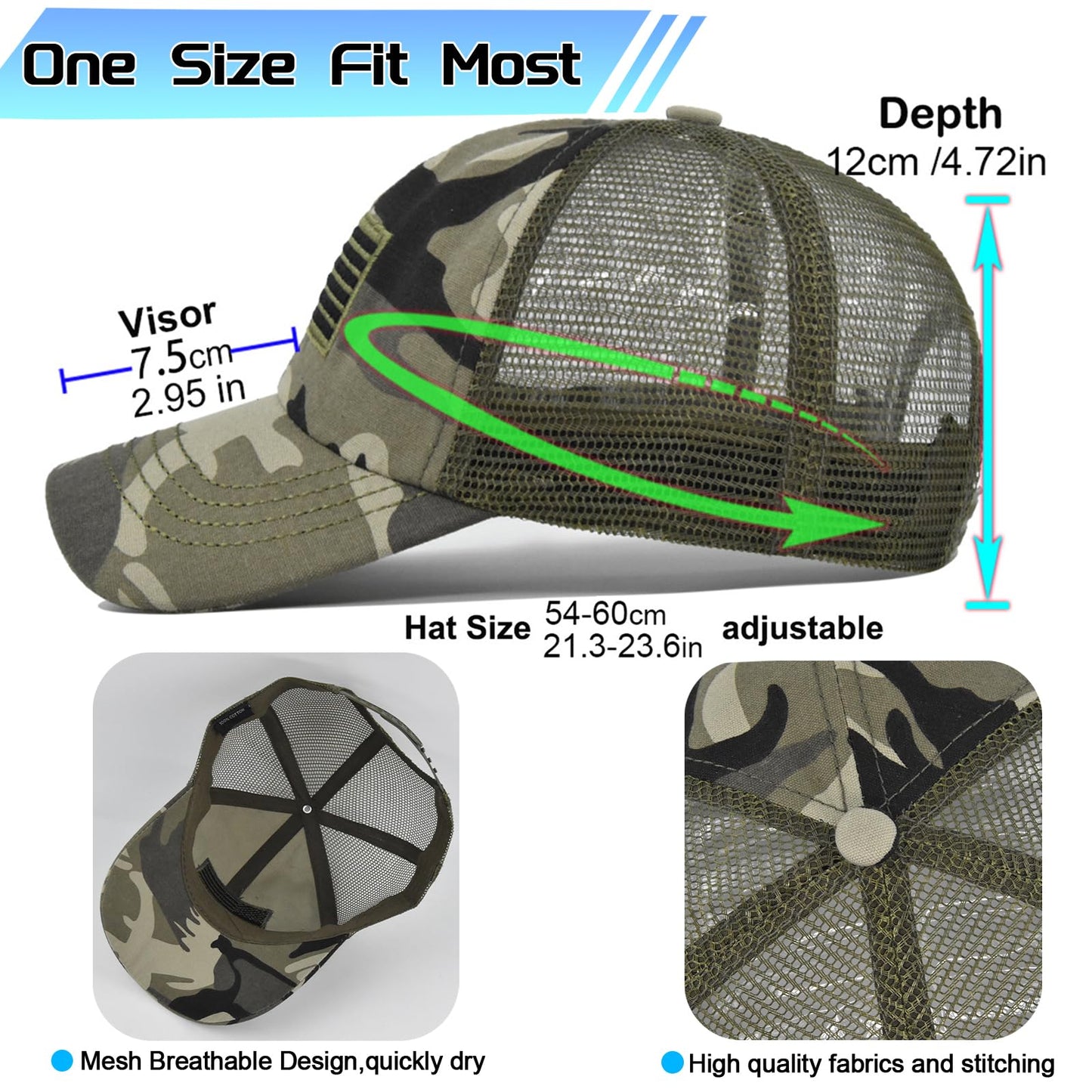 Camouflage Baseball Cap Camo American Flag Trucker Hat for Men Women Mesh Camo Hat USA Flag Camouflage Hats for Men Embroidered Distressed Cowboy Baseball Dad 4th July Hunting Accessories