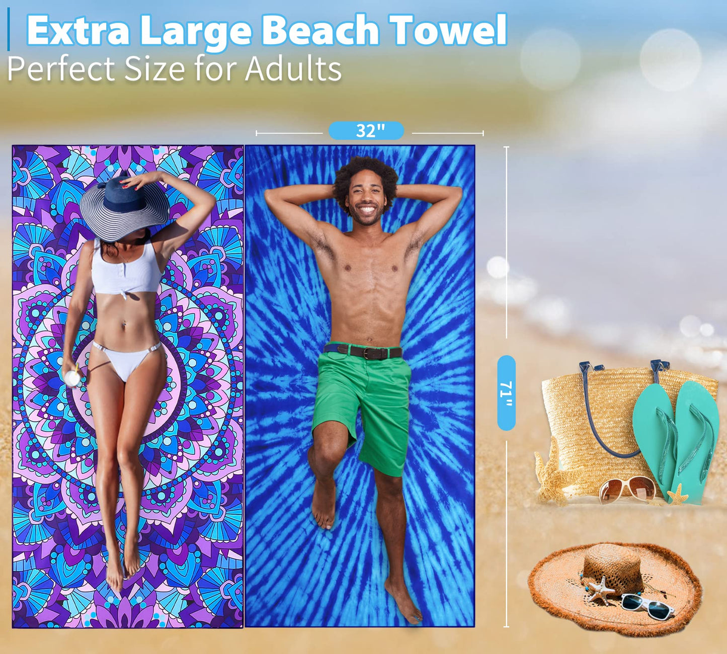 Gomust Microfiber Beach Towel Oversized 71x32, Thin, Blue with Bag 2 Pack