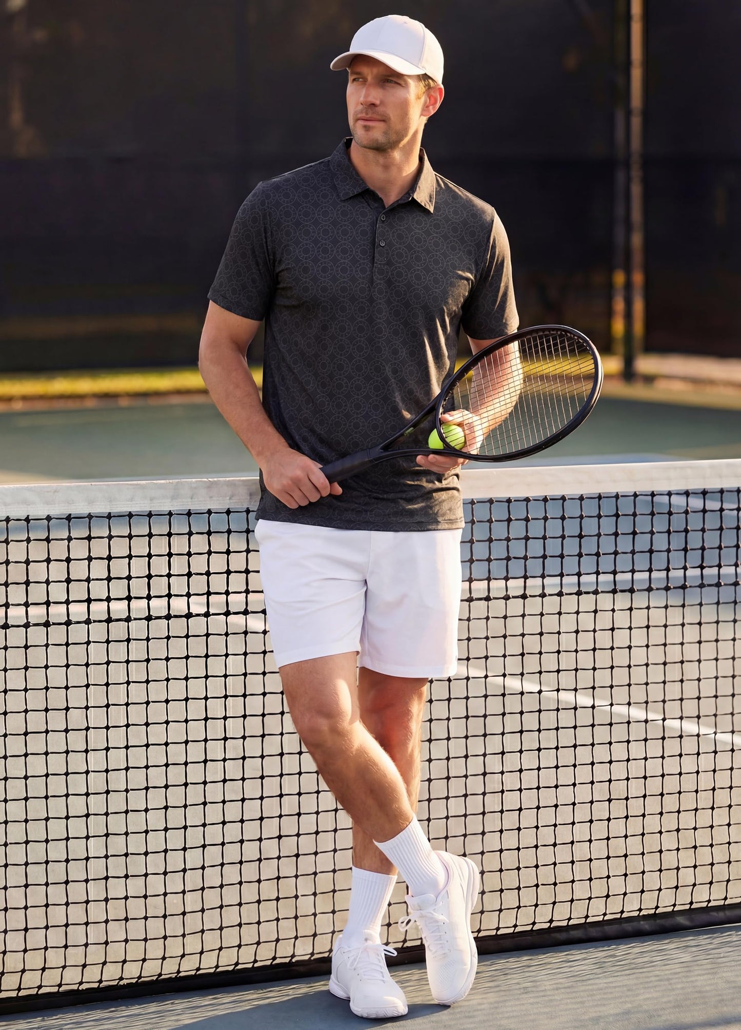 Libin Golf Shirts for Men Short Sleeve Quick Dry Performance Moisture Wicking Print Collared Polo Shirts Casual Business, Black Grey Circle, Large