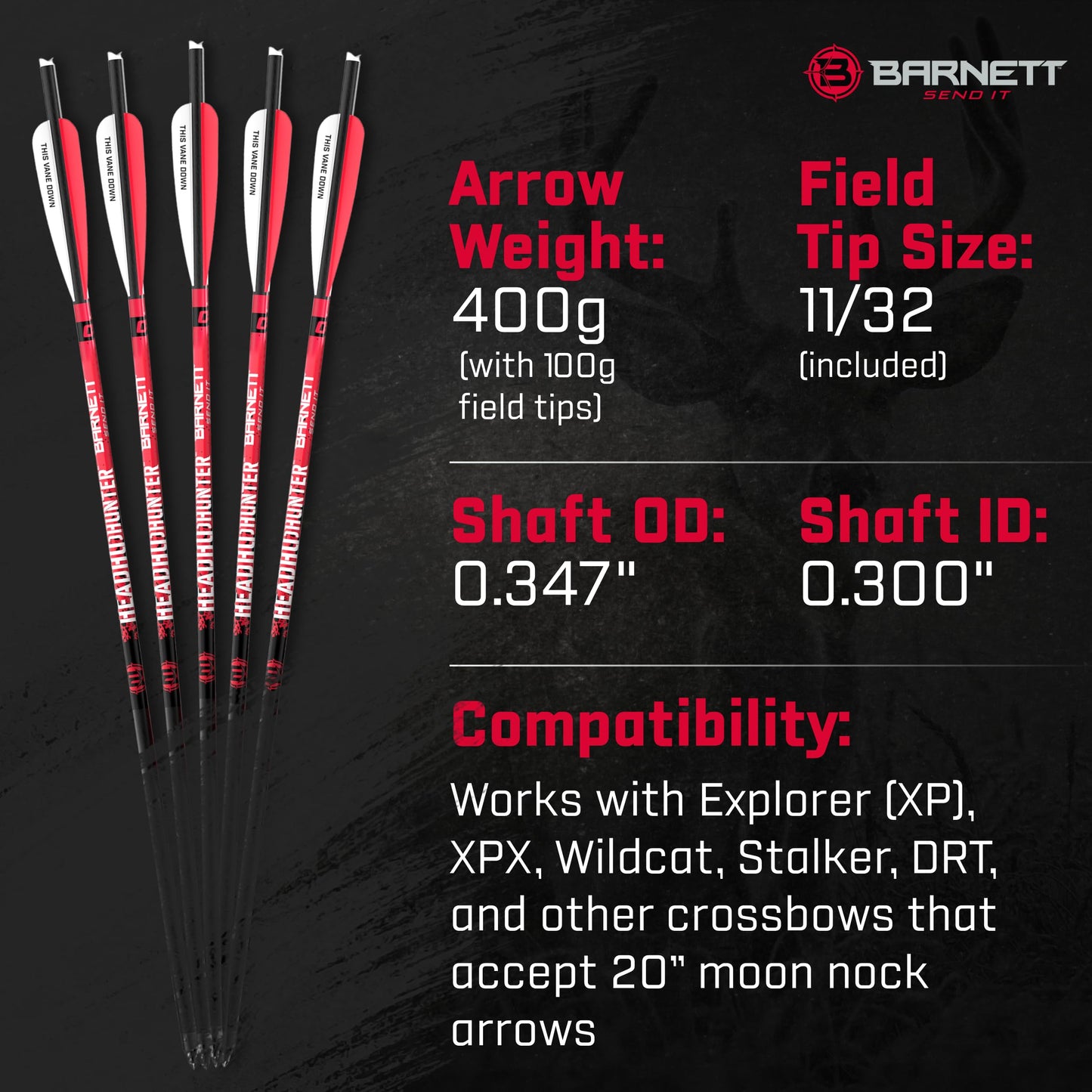 Barnett Outdoors Headhunter 20" Carbon Crossbow Arrows 5-Pack, Lightweight Hunting Bolts with Half-Moon Nock and Field Points Included