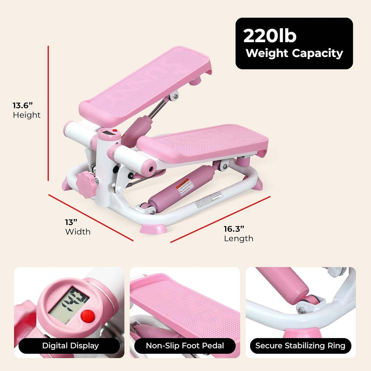 Sunny Health & Fitness Mini Stepper - Full Body Cardio Workout Machine with Free SunnyFit App & Resistance Band
