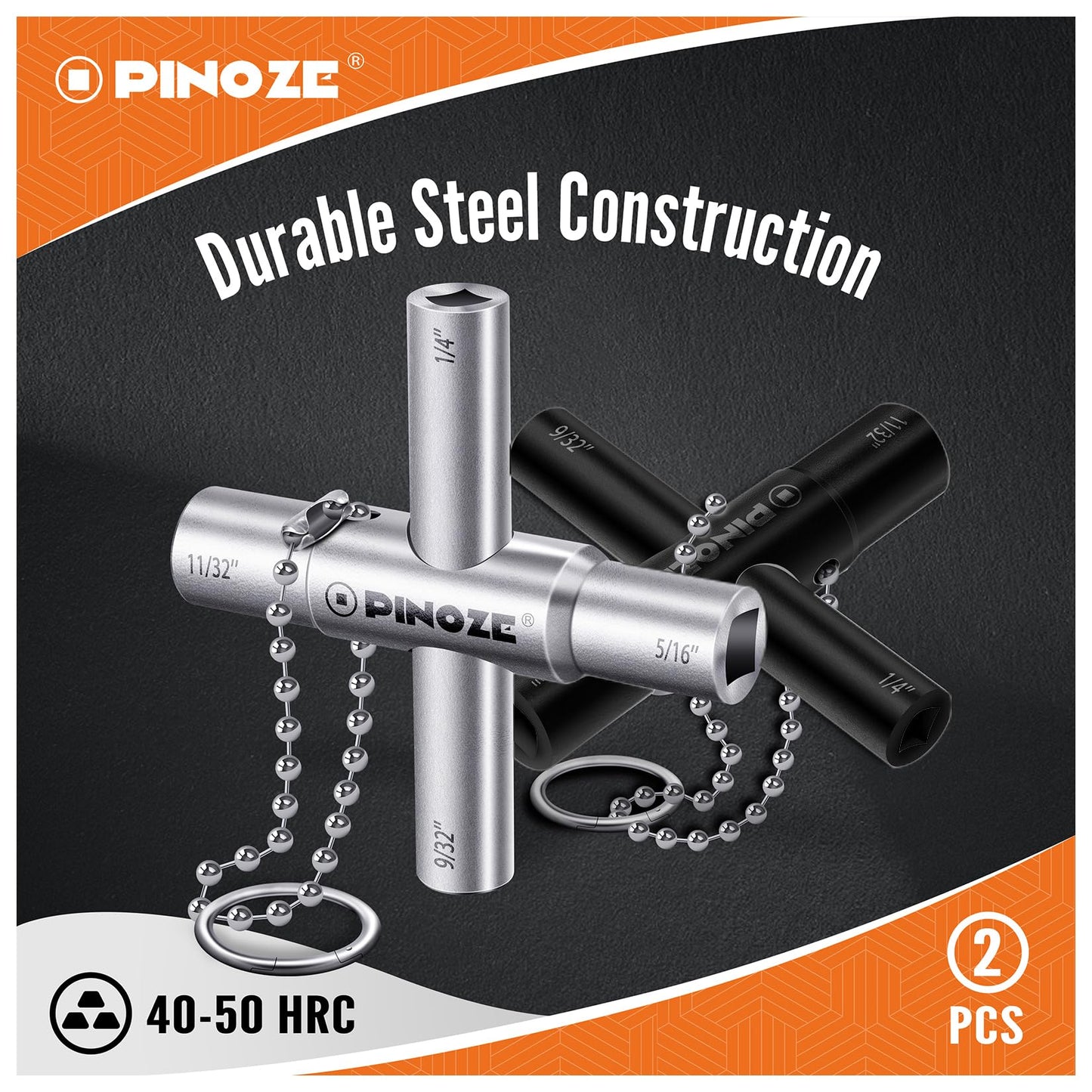 Pinoze 4 Way Sillcock Water Key, 1/4", 9/32", 5/16", 11/32", 2-Pack Steel Multi-Function Utility Key with Keychain for Sillcocks Faucets Valves Spigots, Silver & Black