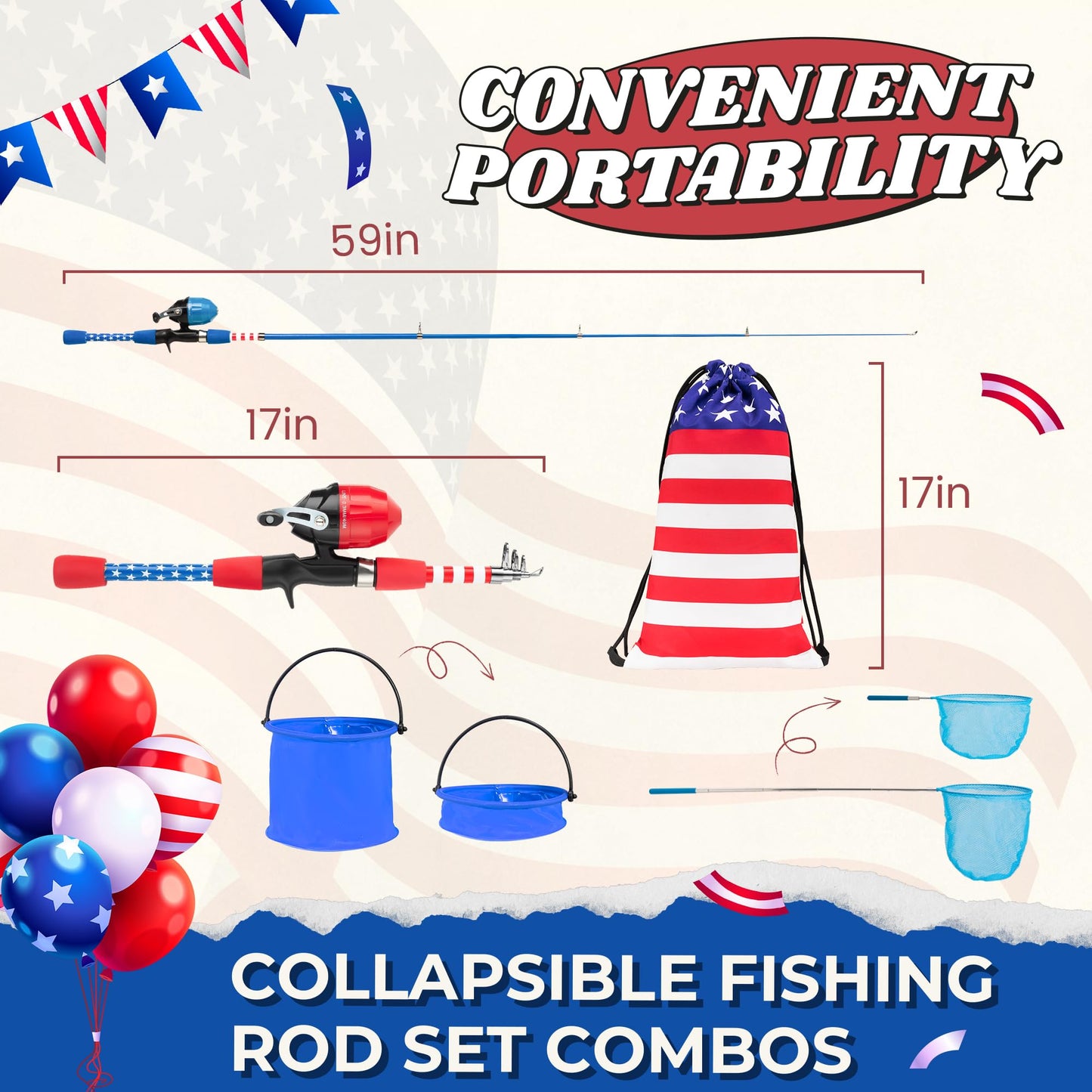 WIDDEN Kids Fishing Pole - Portable Telescopic Fishing Rod Set with Spincast Reel, Net, Bucket and Tackle Box - Patriotic American Flag Fishing Gear for Boys Girls Youth - 4th of July Gift