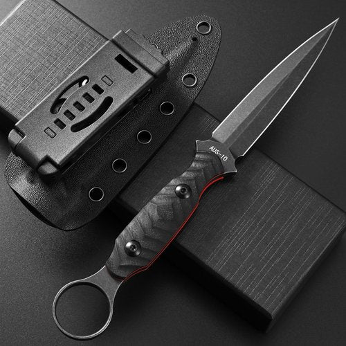 Ccanku C1340 Fixed Blade Knife AUS-10 Black Stonewashed Steel Blade G10 Handle EDC Straight Knife for Outdoor Camping Survival Hiking(Black)