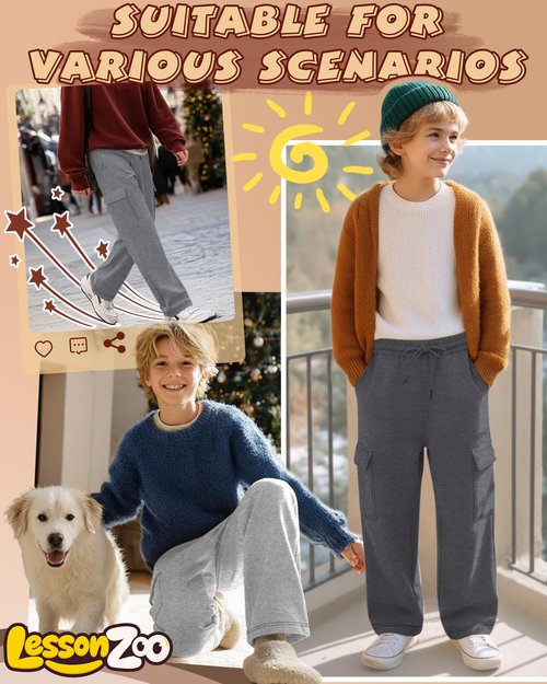 LessonZoo 4 Pack Boys' Cargo Sweatpants Elastic Drawstring Open Bottom Active Pants Casual Workout Joggers with 4 Pockets(Light Gray, Gray, Dark Gray, Black,X-Large)