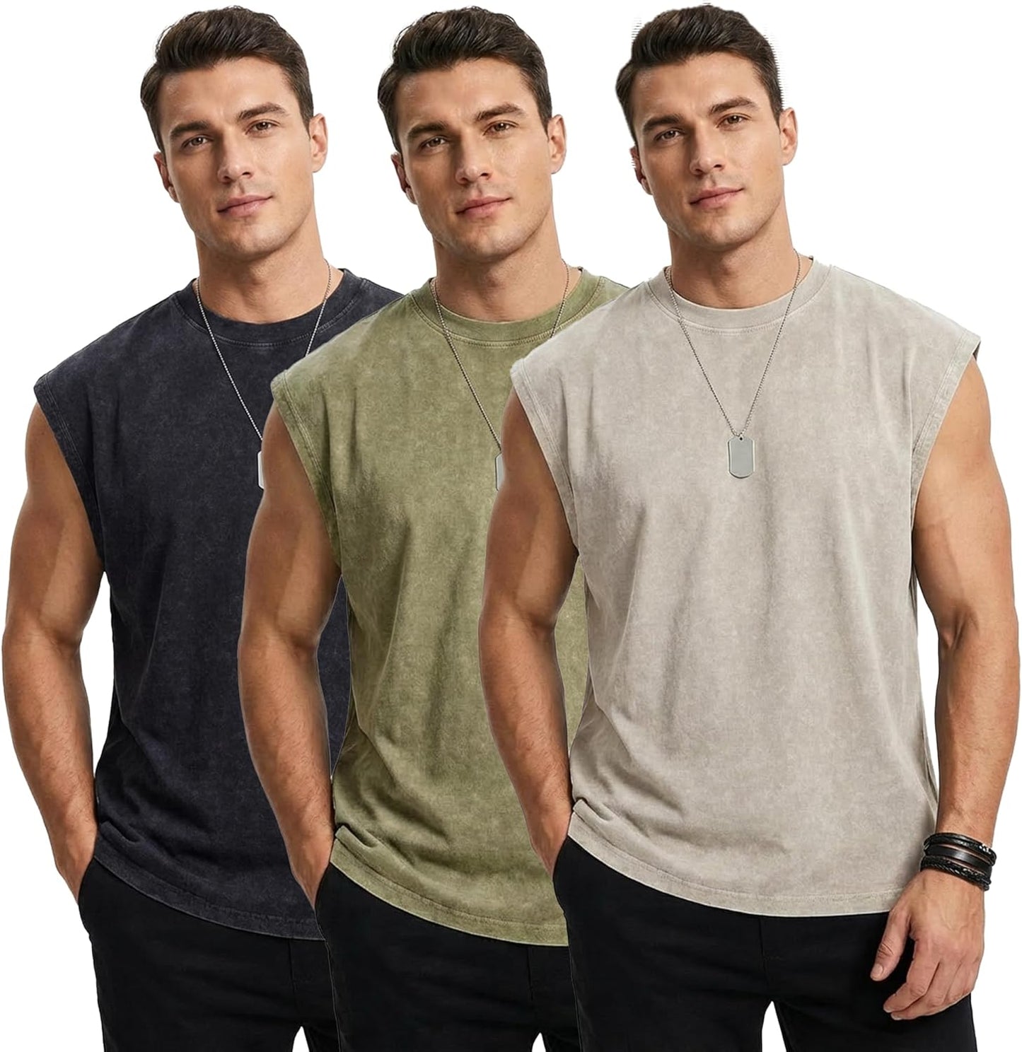 Skiennix Sleeveless Muscle Tank Tops - Vintage Washed Heavyweight Cotton | 3 Pack for Gym Workouts