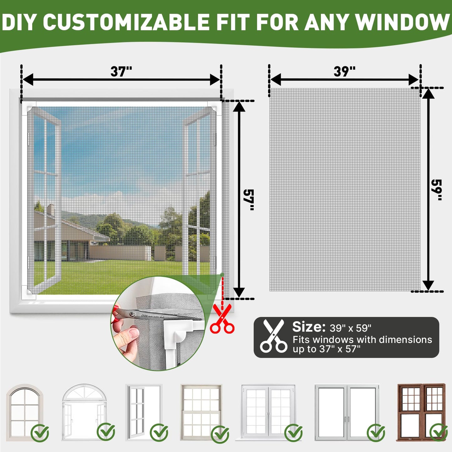 HOFUDON Window Screen Adjustable Magnetic Window Screen Replacement Max 39” x 59”, DIY Fiberglass Mesh Window Screens for House Windows White Frame Grey Mesh