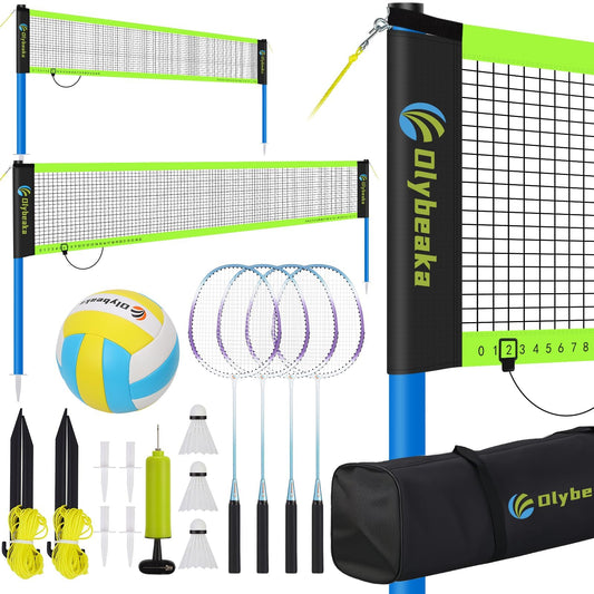 Portable Volleyball & Badminton Combo Net Set for Backyard Beach with 2 Nets (20ft and 32ft), Adjustable Poles, PU Volleyball, Aluminum Rackets and Carry Bag, Quick Setup & Durable (Black)