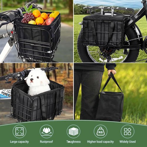 LIQING Bike Basket Front Folding Bicycle Basket with Removable Liner Bag, Quick Release Design Metal Ebike Basket for Adult Women/Men Carrying Dogs, Pets, Fruit & Grocery (XL-Black)