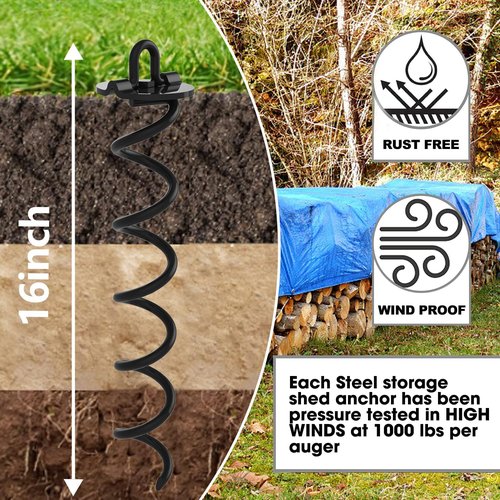Eurmax USA Heavy Duty Spiral Stakes Anchor Kit - 4-Pc Pack for Trampolines, Tents & Canopies | Bonus Tie Down Straps (Black)