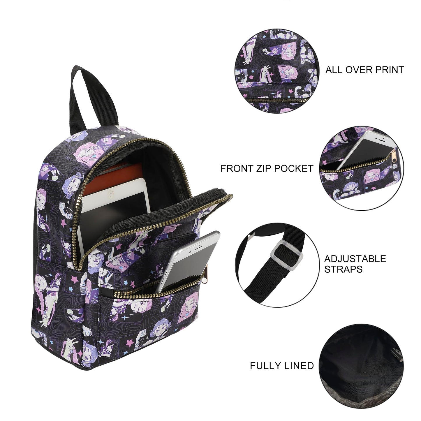 Bioworld KPop Demon Hunters Huntrix AOP Adult Black 11.5" Mini Backpack