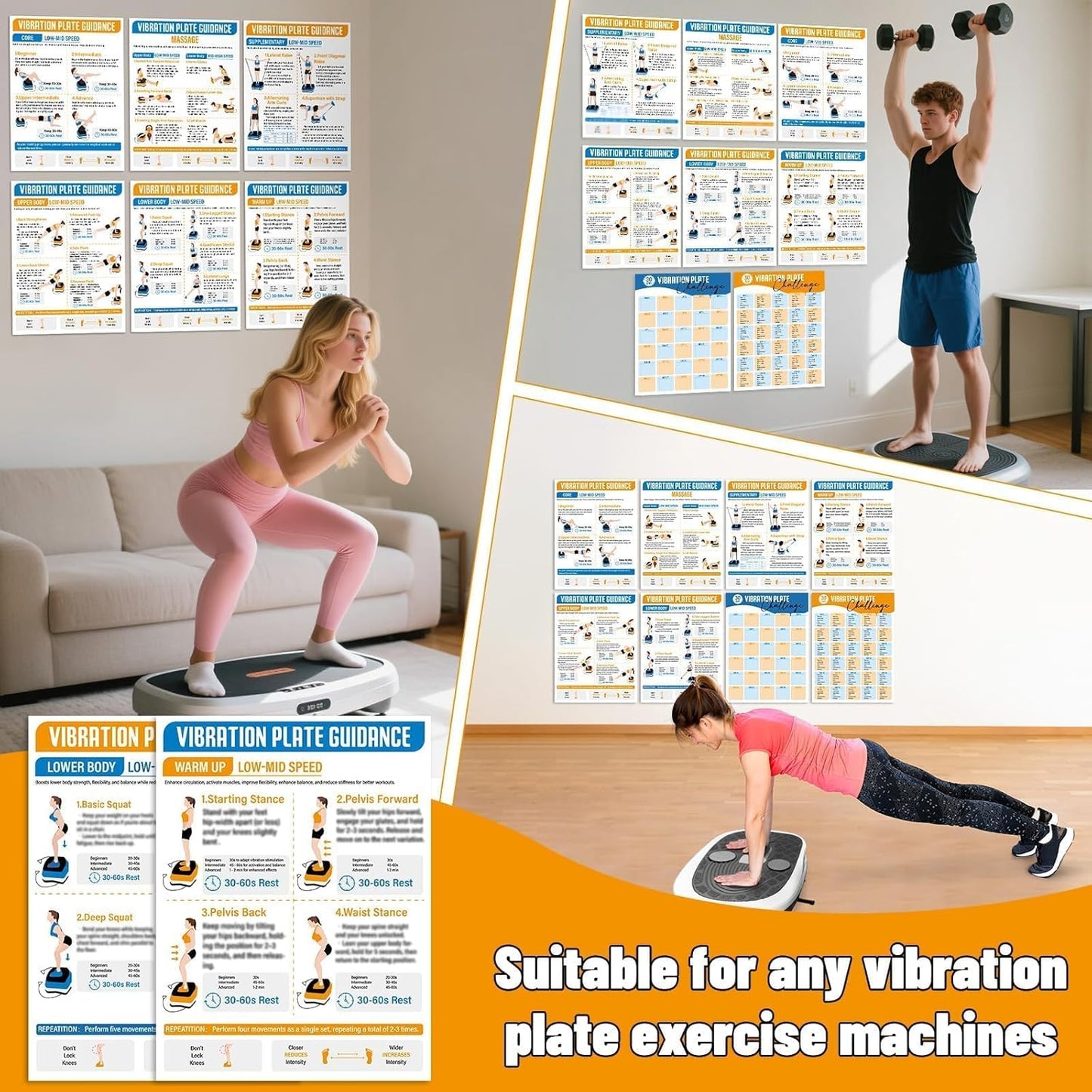 Skiennix Vibration Plate Workout Guide - 8-Piece Exercise Poster Set with 30-Day Planner for Home Gym