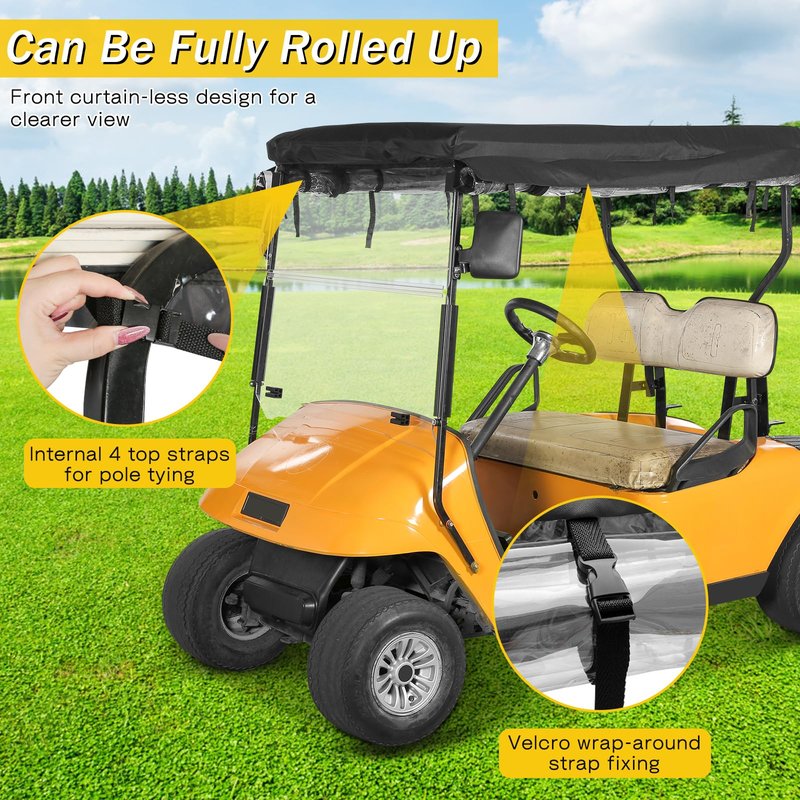 SANXIACAR Golf Cart Enclosure 2 Passenger for EZGO TXT 2 Seater Open Front Windshield 3-Sided Clear Windows Waterproof Transparent Driving Rain Covers Roll-up Zipper Door Black (with Seat Blanket)
